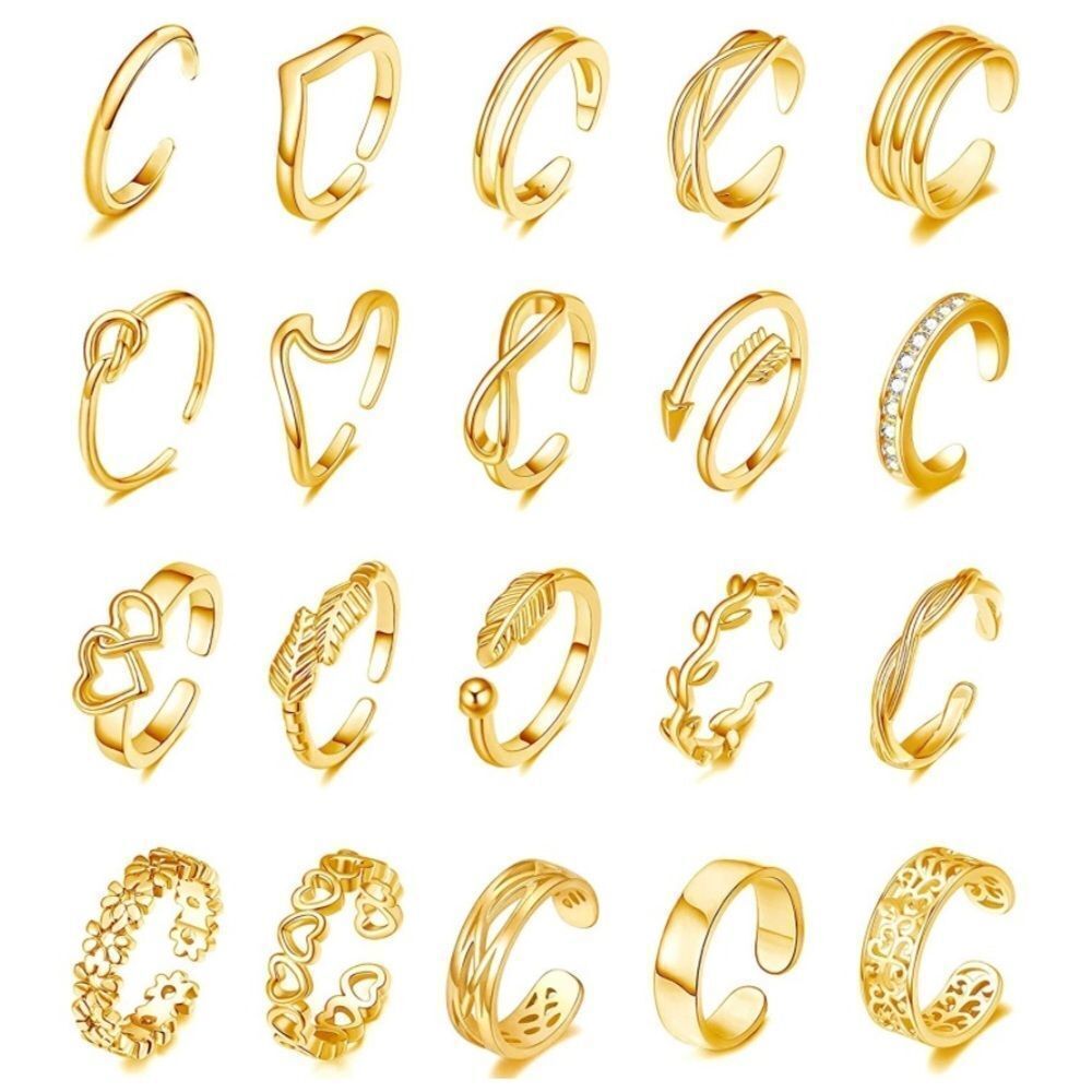 Yellow Gold Adjustable Boho Open Toe Rings - Set of 20